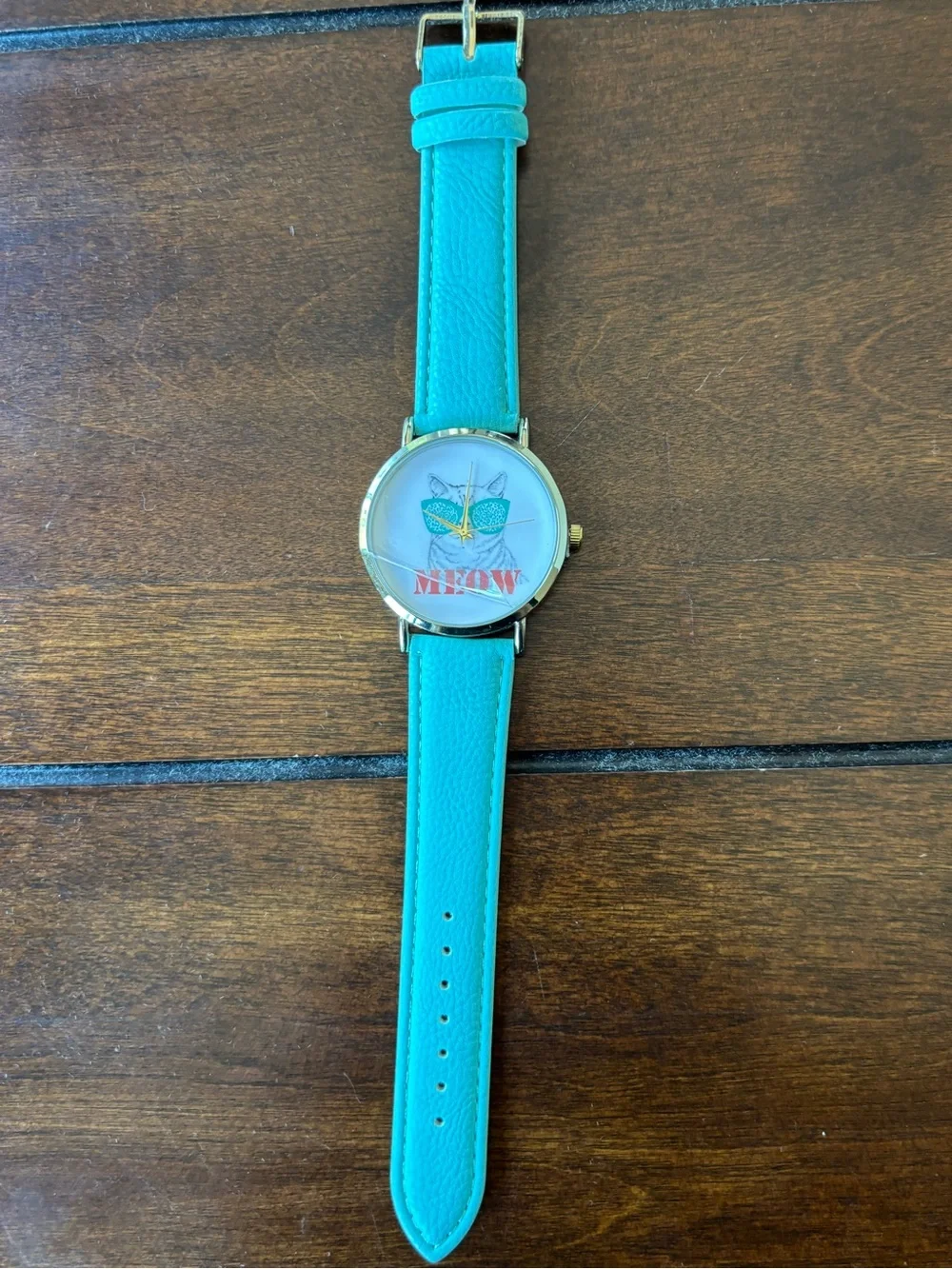 Geneva “MEOW” Cat Sunglasses Watch Turquoise Leather Strap Quartz Watch